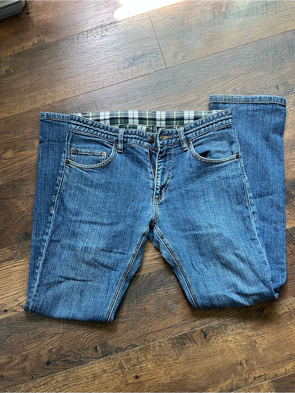 Betabrand Blue Denim Jeans with Green Plaid Waistband